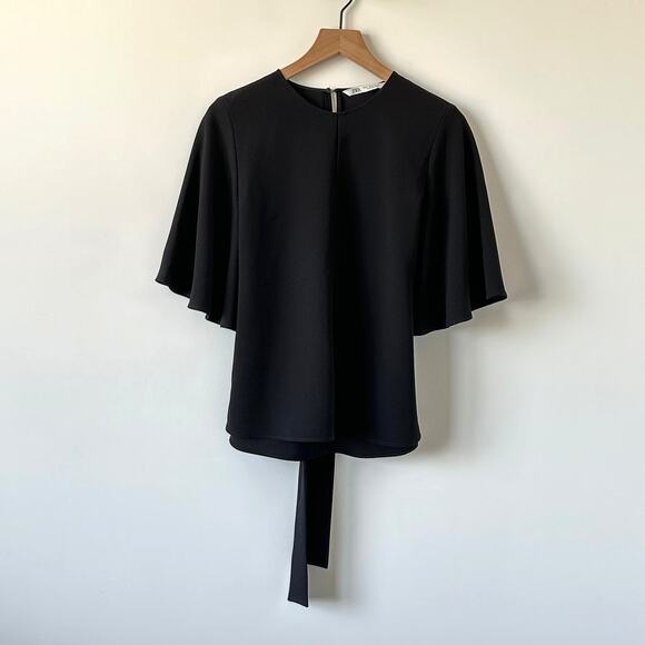 Zara Black Flowy Top Blouse Tie Bow Bell sleeves Size S - Picture 8 of 12